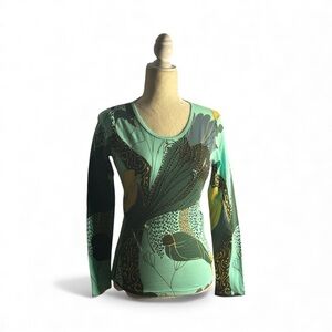 Florist VTG Abstract lift print in teal green Long Sleeve Top Cotton- Spandex M